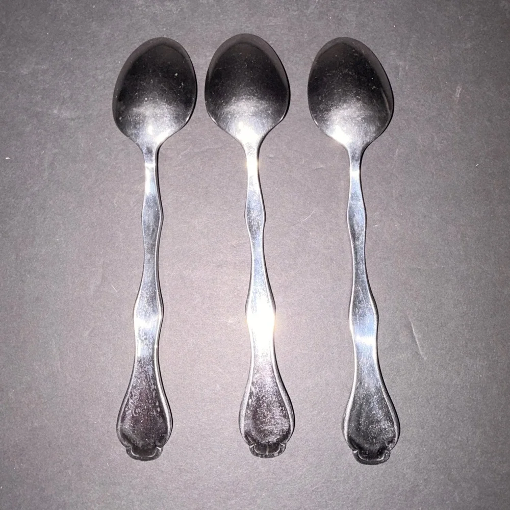 Set of 3 Stainless Steel Teaspoons Silver Fiddle Handle Scroll Detail 6.25